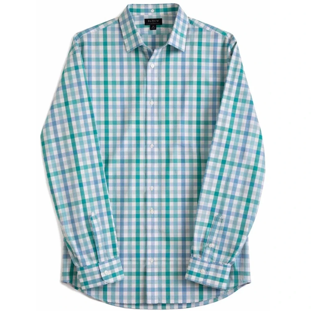 J.Crew Men's Slim Fit Shirt XL Blue Green Gingham Flex Wrinkle-Free Button Down‎